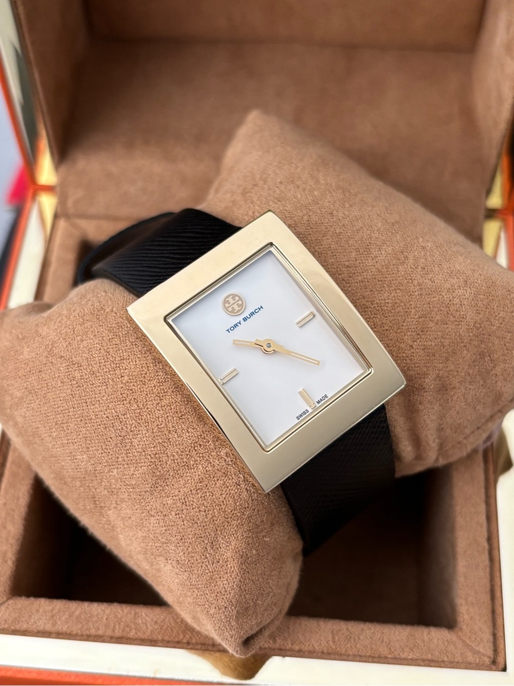Tory Burch Gold-Tone Rectangular Watch with White Dial and Black Strap